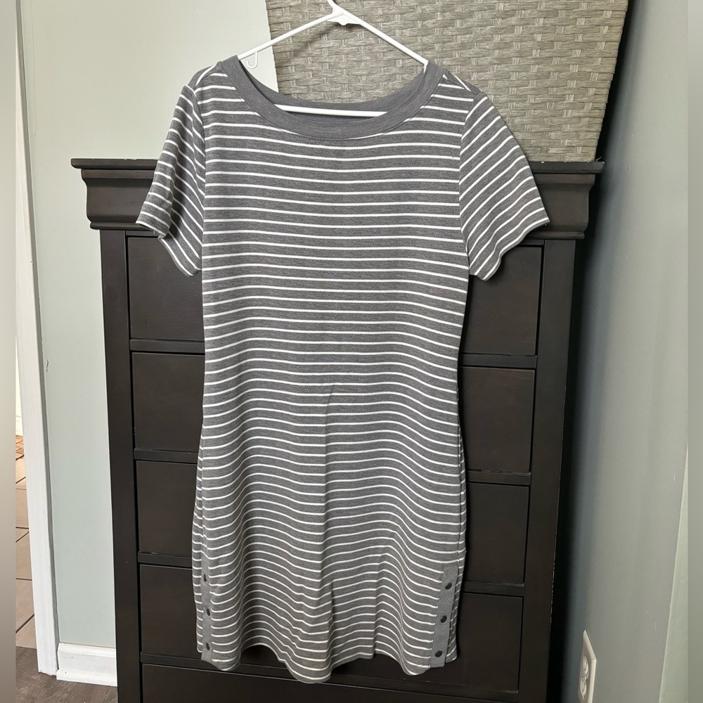 Gray and white soft stretchy striped dress LARGE nautical vacation coastal
